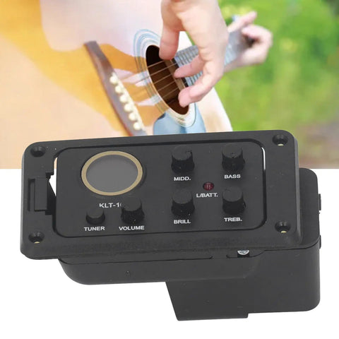 4 Band EQ Preamp For Acoustic Guitar With Piezo Pickup And Built In Tuner LCD Display, with guitar in background