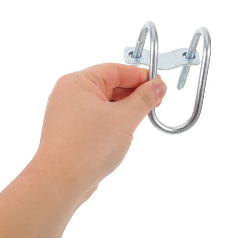 Straight Up Heavy Duty Car Roof Rack Crossbar Clamp With Quick Swap U Bolts shows a hand holding a silver U bolt clamp for mounting.