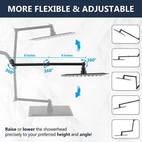 10 Inch Rain Shower Head With 16 Inch Adjustable Arm Extender, All Metal Square Showerhead In Oil Rubbed Bronze, adjustment diagram