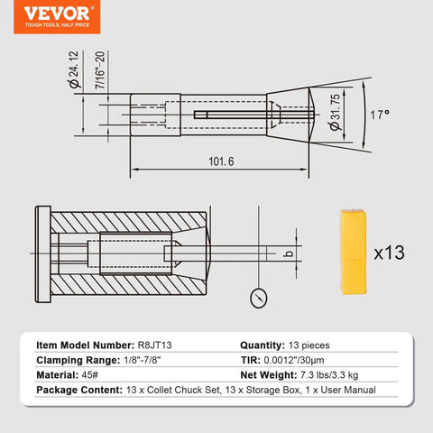 Technical diagram of R8 Collet Set 13-Piece Precision 1/8 to 7/8 Inch Pro-Grade Mill Chuck With 0.0012 in TIR, 45 Steel