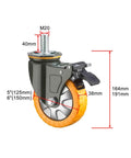 Heavy Duty Swivel Casters With Dual Lock Brakes 5 Inch PU Rubber Wheels 4 Pack close-up showing wheel design and dimensions.