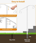 Installation guide for Heavy Duty Wrought Iron Non Drill Handrail Railing For Outdoor Steps, showing a 58in height with 18in buried base.
