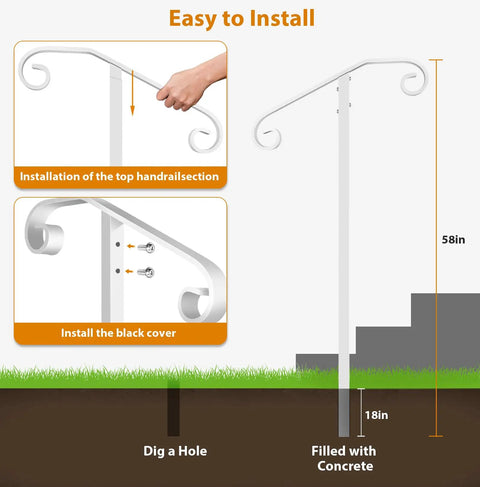 Installation guide for Heavy Duty Wrought Iron Non Drill Handrail Railing For Outdoor Steps, showing a 58in height with 18in buried base.