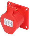 Heavy Duty Industrial Concealed Power Outlet IP44 Wall Socket PC Brass Red Commercial Grade Electrical Jack side view with label.