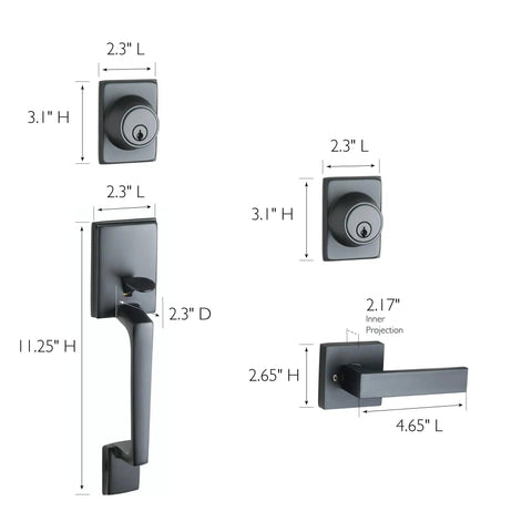 Matte Black 2-Way Adjustable Karsen Handleset for Front Entry Doors, Reversible for Left or Right Swing, exterior keyed lock close-up