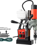 Heavy Duty Magnetic Drill Press Featuring A Heavy Hitter 1200 Watt Motor And One Point Five Seven Inch Boring Range with drill bits and controls