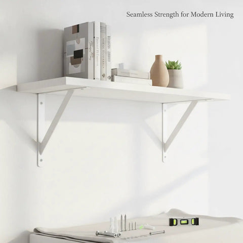 Heavy Duty White Carbon Steel Wall Mount Shelf Bracket For Floating Shelves L Shaped Support with books and decor on shelf
