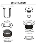 Specification diagram of Universal All Metal Bath Tub Drain And Overflow Kit With Easy Install, showing dimensions and threads.