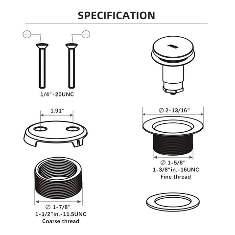 Slick Brushed Gold Tub Drain And Overflow Kit specifications showing dimensions and parts for universal installation