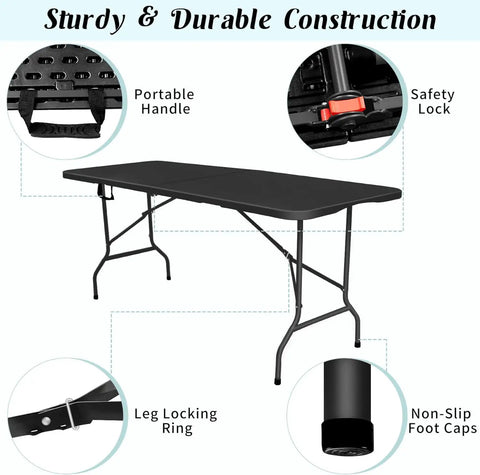 6Ft Folding Table With Built In Handle And Steel Legs Heavy Duty Portable Workhorse Party Table with sturdy frame