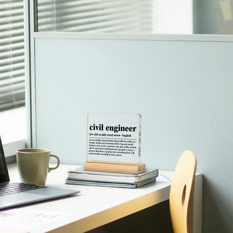 Clear Acrylic Desk Plaque Sign For Civil Engineers Cool Office Decor Gift For Engineers Engineering Gifts For Civil Engineer Definition Plaque 4x4 Inch Sign With Wood Stand Desk Decor on office desk
