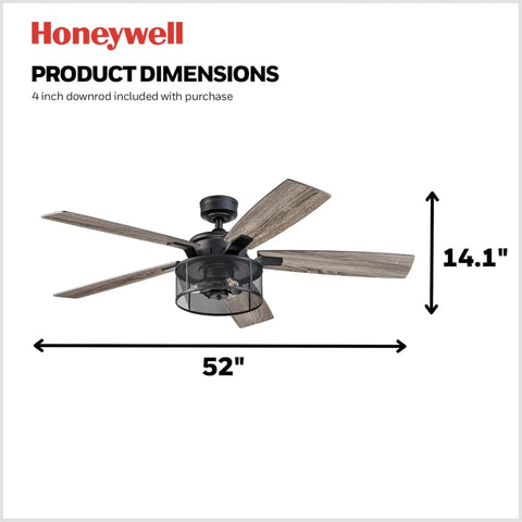 Carnegie Industrial 52 Inch Ceiling Fan With Remote And LED Light, showcasing product dimensions and gray pine blades.