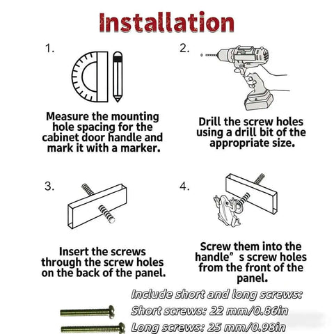 Installation steps for Frog Cabinet Knobs Set Of 4 In Antique Red Bronze, showing tools and screw dimensions.