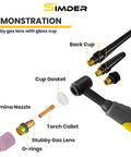 Component layout of 55 Piece TIG Welding Torch Accessories Kit With Alumina Nozzles Glass Cup And Stubby Gas Lens For WP 17 18 26 Welders