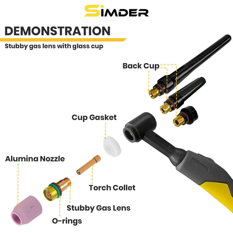 Component layout of 55 Piece TIG Welding Torch Accessories Kit With Alumina Nozzles Glass Cup And Stubby Gas Lens For WP 17 18 26 Welders