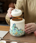 Vintage Airtight Ceramic Double Tea Canisters For Loose Leaf Coffee Beans And Spices Sturdy Counter Top Pantry Jars being opened.