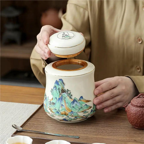 Vintage Airtight Ceramic Double Tea Canisters For Loose Leaf Coffee Beans And Spices Sturdy Counter Top Pantry Jars being opened.