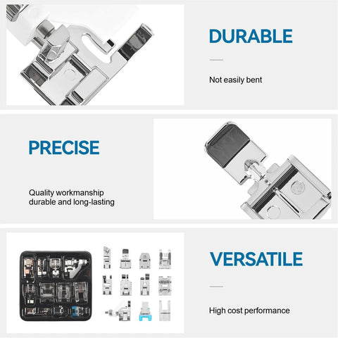 Qeykizy 11-piece sewing machine presser feet kit in a case; snap-on chrome feet for low-shank machines, including rolled hem and invisible zipper feet