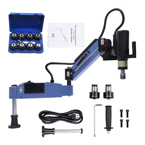 No Fuss Electric Tapping Machine Featuring A Flexible Swivel Arm And Stepless Speed Control For M4 To M24 Threads With Nine Ansi Collets and accessories.