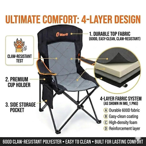 Oversized Padded Camping Chair with Armrests featuring quad-fold design, durable 600D polyester, and built-in cup holder.
