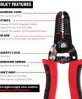 10-22 AWG Wire Stripper Cutter with highlighted features on black blades and red non-slip handles