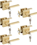 Five Piece Satin Brass Door Handles Set With Lock And Key For Interior And Exterior Doors, shown in angled view