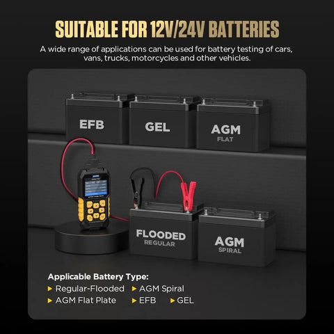 All Vehicles 24V 12V Car Battery Tester With Digital Auto Battery Analyzer And 99.9 Percent Accuracy 30 To 2000 CCA, shown with 12V/24V batteries
