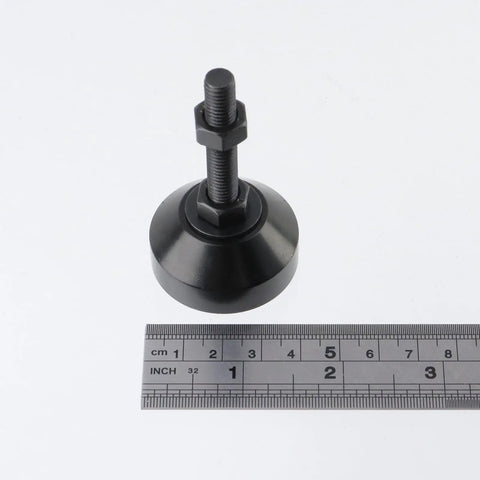 Set Of 4 Beefy Adjustable Furniture Leveling Feet With M8 Threads In Black Aluminum For Desks Tables And Cabinets next to ruler