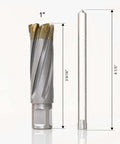 Carbide-tipped annular cutter, 1" diameter, 2" depth with Weldon shank; shown beside a long drill bit