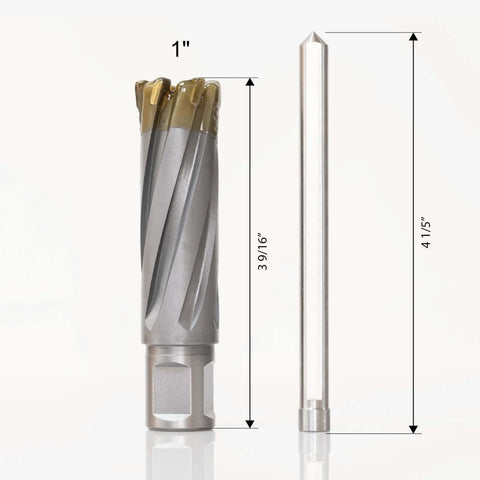 Carbide-tipped annular cutter, 1" diameter, 2" depth with Weldon shank; shown beside a long drill bit