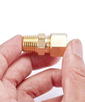 Brass compression tube fitting, straight coupling, 1/4 in OD to 1/4 in NPT male, side view