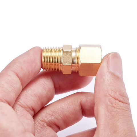 Brass compression tube fitting, straight coupling, 1/4 in OD to 1/4 in NPT male, side view