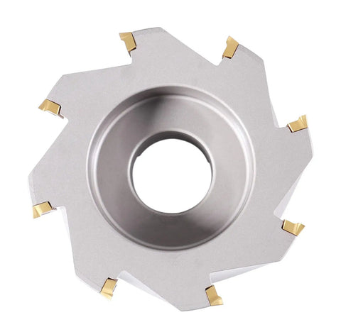 Heavy Duty 5 Inch 90 Degree Square Shoulder Indexable Face Mill With Eight APKT1604 Carbide Inserts Installed, One And One Half Inch Arbor Hole, Two Inch Overall Length, Nickel Plated Body With Secure Screw Down Inserts