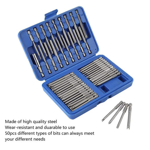 Top Tier 50 Pc Screwdriver Bits Set Made Of High Carbon Steel For Power Tools And Home DIY Projects. Durable Hex Phillips Flat Head Drill Bit Kit With Heat Treated Surface To Prevent Stripping And Last Forever, blue case open