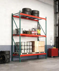 Heavy Duty 3 Tier Pallet Rack Starter Unit Rock Solid Steel Shelving Built Tough For Warehouse Storage 48 By 120 By 144 Inches with tires and tools.