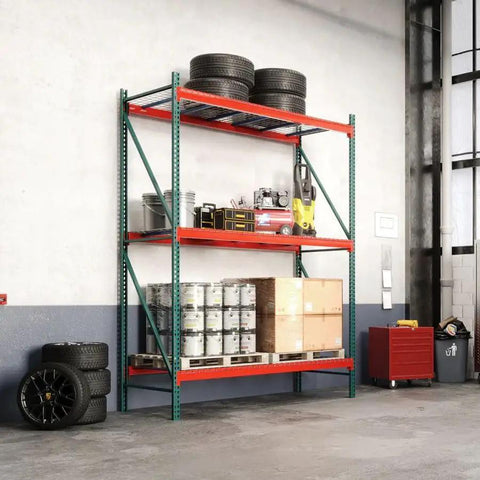 Heavy Duty 3 Tier Pallet Rack Starter Unit Rock Solid Steel Shelving Built Tough For Warehouse Storage 48 By 120 By 144 Inches with tires and tools.