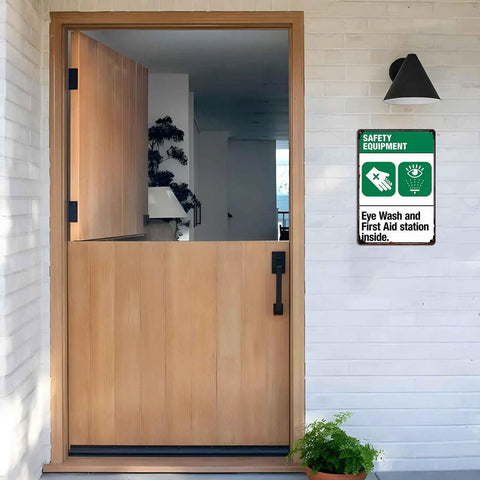 Retro Safety Equipment Metal Sign 8x12 Inch Eye Wash First Aid Wall Decor For Home Garage Office Perfect For Kitchen Workshop Bar And Man Cave Spaces With Bold Metal Finish on white brick wall