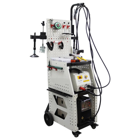 Portable Aluminum Dent Pulling And Welder Machine For Auto Repair Kit With Dent Puller Tool 220V in garage setting.