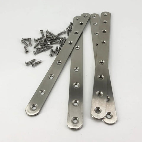 Rock Solid Heavy Duty Wood Furniture Corner Braces Stainless Steel Mending Plates With Screws 4 Pack and screws on white background.