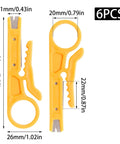 Yellow Six Piece Mini Wire Stripper Set with Mini Punch Down Tool and Network Cable Cutter dimensions shown