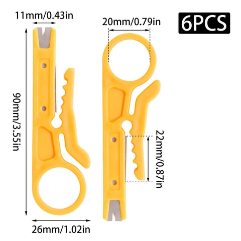 Yellow Six Piece Mini Wire Stripper Set with Mini Punch Down Tool and Network Cable Cutter dimensions shown