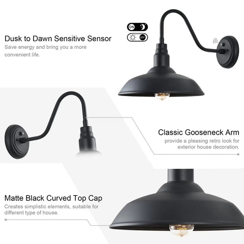 14 Inch Large Dome Gooseneck Barn Light Outdoor With Dusk To Dawn Sensor Matte Black Exterior Wall Sconce for Porch