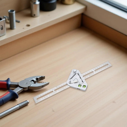 Pro Grade Stainless Steel Angle Ruler And Carpenter Square on wooden workbench with tools