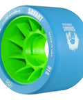 Close-up of Savant Derby Quad Skate Wheels 91A Blue Green Urethane With Oversized Core For Lighter Weight And Smoother Spins