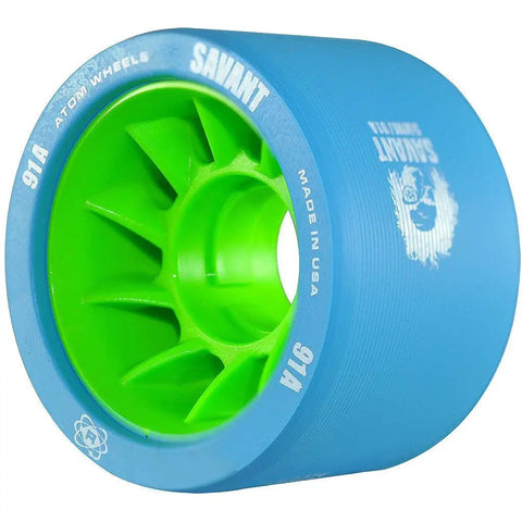 Close-up of Savant Derby Quad Skate Wheels 91A Blue Green Urethane With Oversized Core For Lighter Weight And Smoother Spins