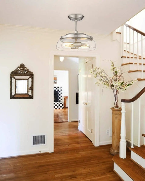2 Light Semi Flush Mount Ceiling Light With Clear Glass Shade Brushed Nickel Finish Dope Modern Retro Vibe Fixture for hallway