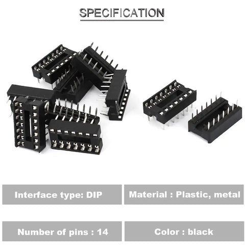 14 Pin DIP IC Socket Dual Row With Tin Plated Contacts Black Thermoplastic Body Easy To Install, Pack Of 50, scattered view