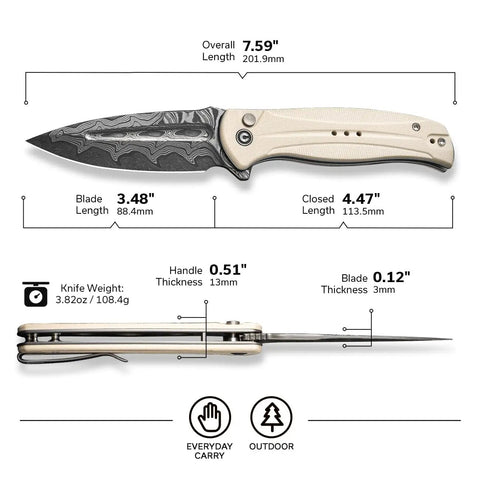 Indie Folding Pocket Knife With 3.48 Inch Damascus Blade Flipper Action Ultra Grippy CNC Milled Handle For A Secure Non Slip Grip Everyday Carry EDC For Men Who Demand Sharp Performance, side view with size specs