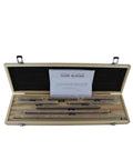 Heavy Duty Gauge Block Set Featuring Eight Hardened Tool Steel Setup Bars Spanning 125 To 500 Mm in a wooden case with inspection certificate.