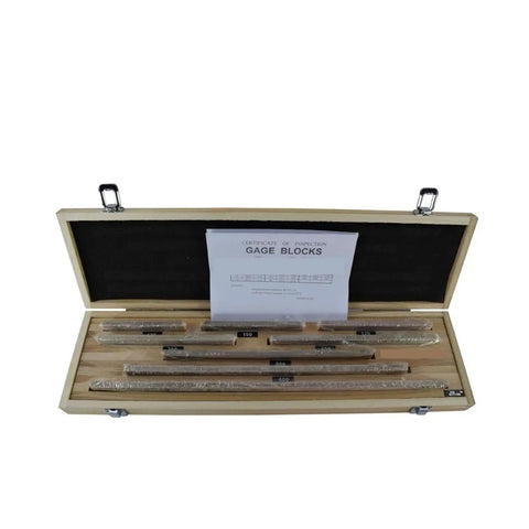 Heavy Duty Gauge Block Set Featuring Eight Hardened Tool Steel Setup Bars Spanning 125 To 500 Mm in a wooden case with inspection certificate.